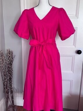 Banana Republic V-Neck Puff Sleeve Midi Dress in Hot Pink